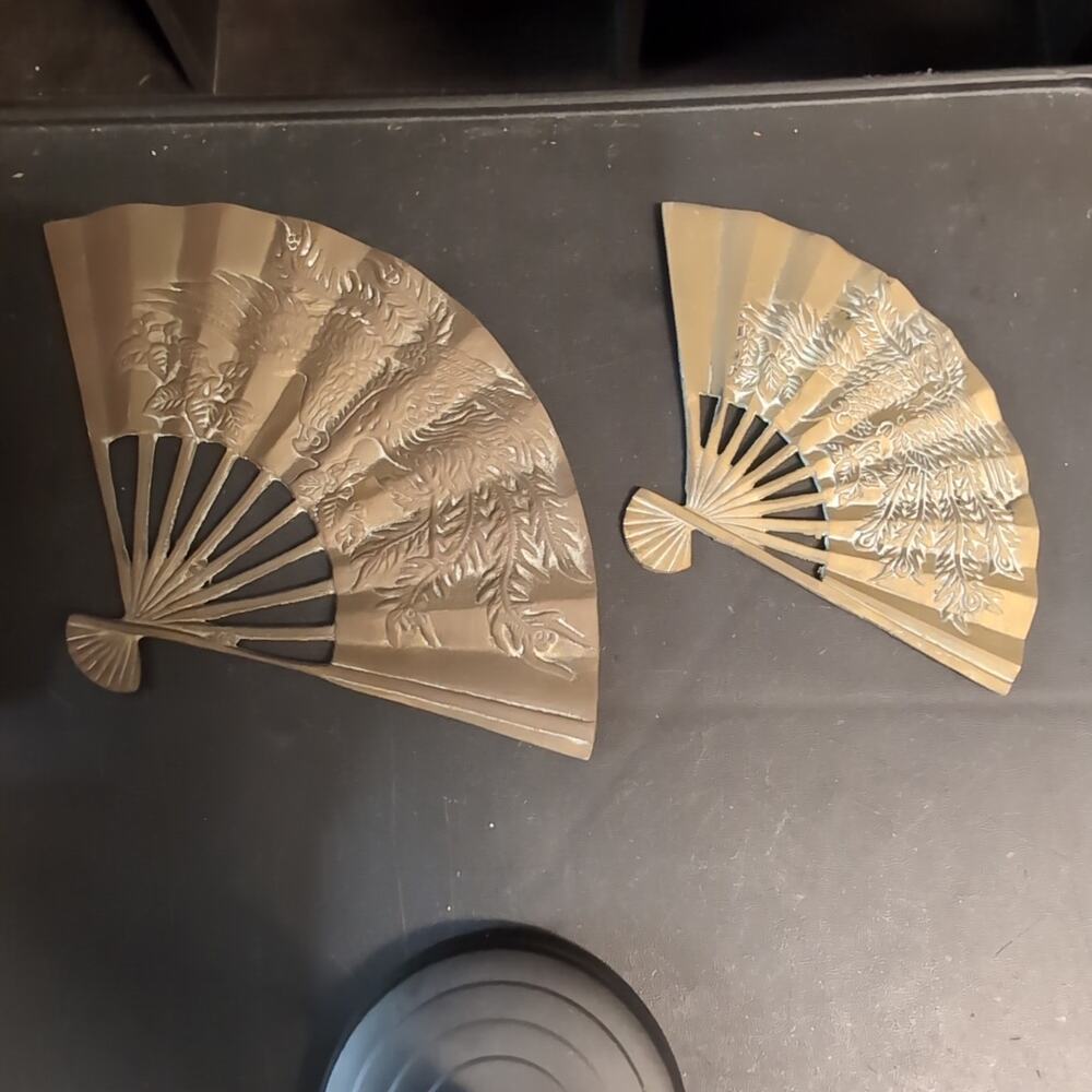 2 Vintage Solid Brass Asian Style Hand Fan Phoenix Dragon Wall Decor
